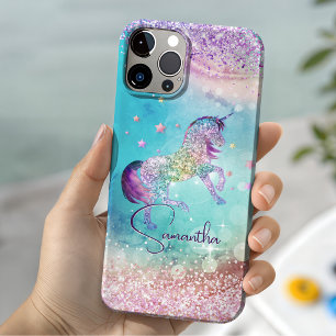 Funda Para iPhone 14 De Case-Mate Cute unicorn rosa Glitter arcoíris aqua monograma