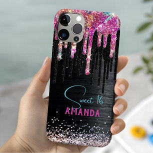 Funda Para iPhone 11 Pro Cute unicornio negro brillo cumpleaños monograma