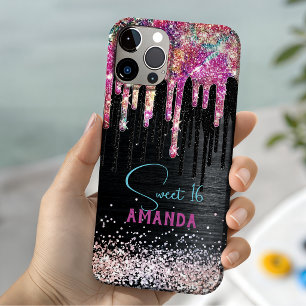 Funda Para iPhone 15 Cute unicornio negro brillo cumpleaños monograma