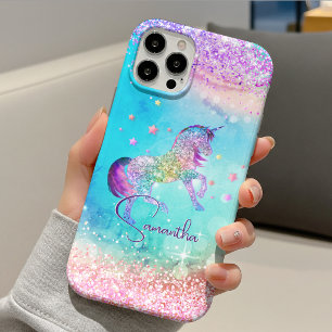Funda Para iPhone 11 Pro Cute unicornio rosa Glitter arcoíris aqua monogram