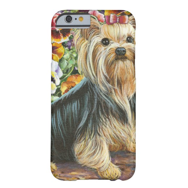 Funda De Case-Mate Para iPhone Cute Yorkshire Terrier en Pansy Garden (Reverso)