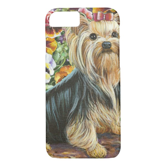 Funda De Case-Mate Para iPhone Cute Yorkshire Terrier en Pansy Garden (Reverso)