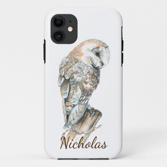 Funda De Case-Mate Para iPhone Cuto acuarela Barn Own Bird Nombre personalizado (Reverso)
