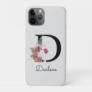 Funda Para iPhone 11 Pro D inicial Rosa Boho Floral Monograma