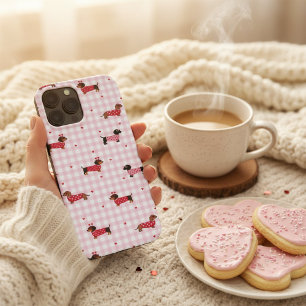 Funda Para iPhone 13 Pro Max Dachshund de San Valentín Corazón de Cuadros Rosa 