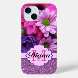 Funda Para iPhone 15 Dahlia rosa Flores Purpurina morado nombre floral