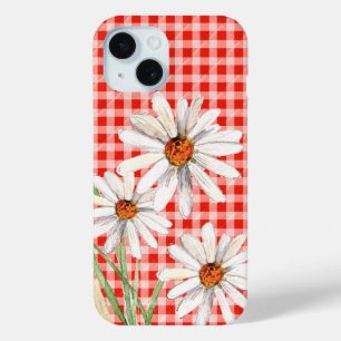 Funda Para iPhone 15 Daisies De Acuarela En Gingham