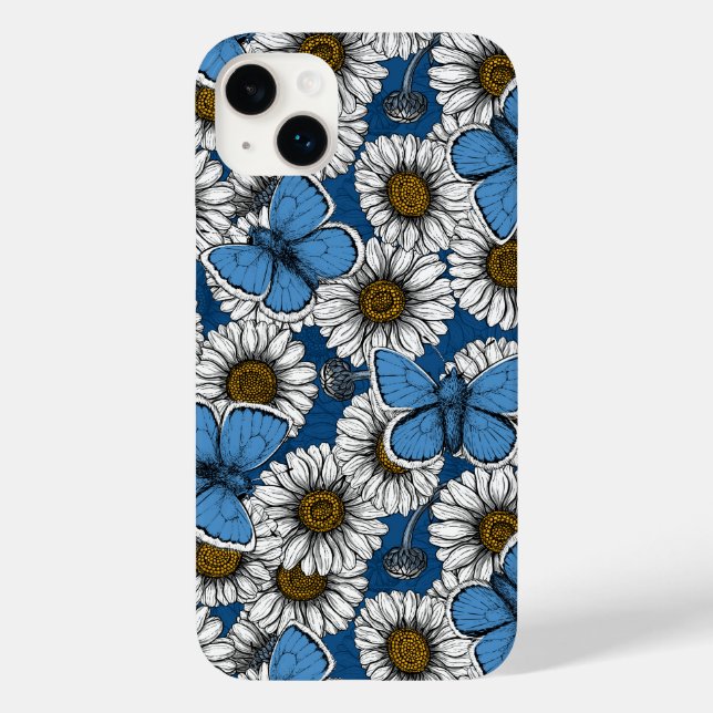 Funda De Case-Mate Para iPhone Daisies, flores silvestres blancas y mariposas azu (Reverso )
