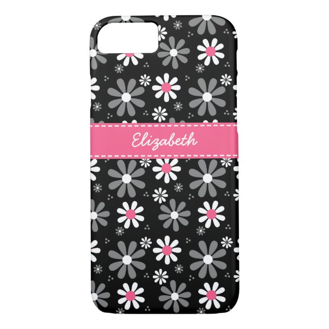 Funda De Case-Mate Para iPhone Daisises de mid rosados y negros con nombre (Reverso)