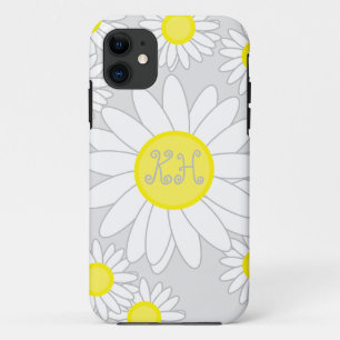 Funda Para iPhone 11 Daisy Monograma Plata Gris blanco y amarillo