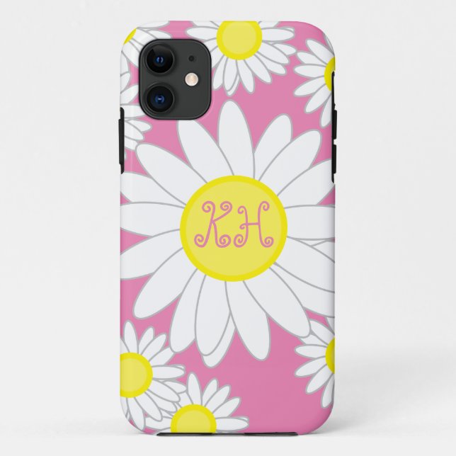 Funda De Case-Mate Para iPhone Daisy Monograma rosa blanco y amarillo (Reverso)