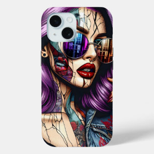 Funda Para iPhone 15 Dama Abstracta Colorida y Hermosa con Cabello Púrp