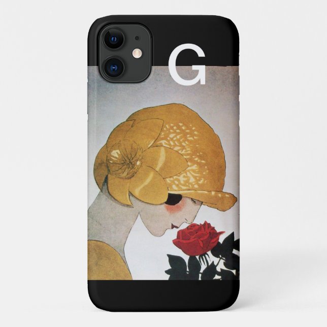 FUNDA DE Case-Mate PARA iPhone DAMA CON MONOGRAMA DE ROSA ROJA (Reverso)