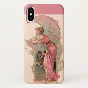 FUNDA PARA iPhone X DAMA DE LA LUNA CON FLORES EN ROSA