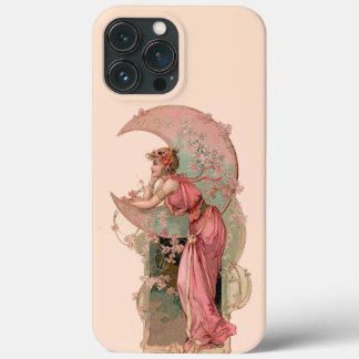 FUNDA PARA iPhone 13 PRO MAX DAMA DE LA LUNA CON FLORES EN ROSA