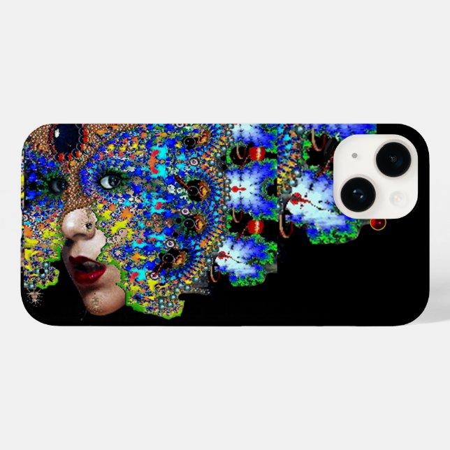 Funda De Case-Mate Para iPhone Dama ÉFEMERAL Con Máscara Fractal Azul Negro (Reverso  (Horizontal))