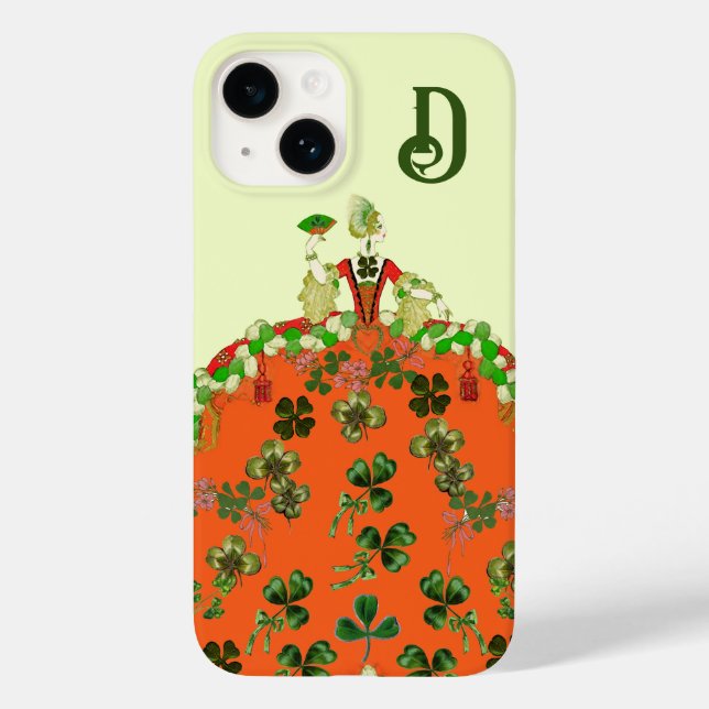 Funda De Case-Mate Para iPhone DAMA NARANJA, SHAMROCKS St Patricks Day Monograma  (Reverso )
