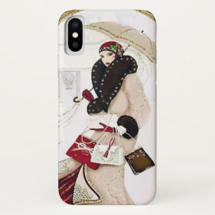 Funda Para iPhone X dama navideña vintage del art deco retro