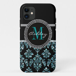 Funda Para iPhone 11 Damasco azul femenino del negro del purpurina