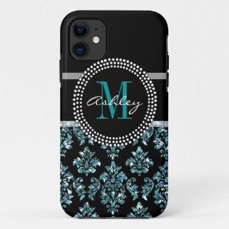 Funda Para iPhone 11 Damasco azul femenino del negro del purpurina