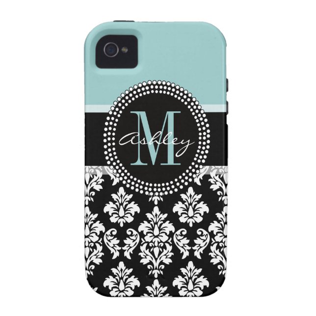 FUNDA DE Case-Mate PARA iPhone DAMASCO AZUL, NEGRO, SU MONOGRAMA, SU NOMBRE (Atrás)