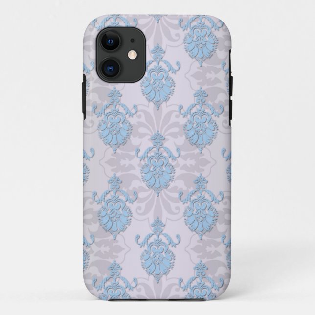 Funda De Case-Mate Para iPhone Damasco azul pálido y blanco plateado (Reverso)