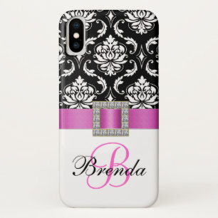 Funda Para iPhone X Damasco blanco negro con cinta rosada monograma