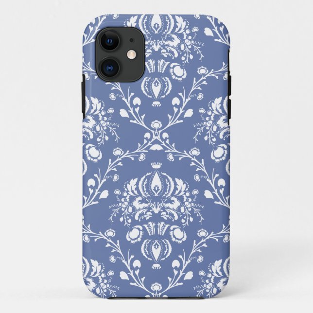 Funda De Case-Mate Para iPhone Damasco blanco y azul de guijarros (Reverso)