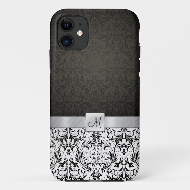 Funda De Case-Mate Para iPhone Damasco blanco y negro con el monograma (Reverso)