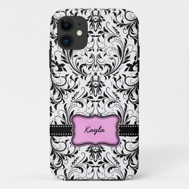 Funda De Case-Mate Para iPhone Damasco blanco y negro personalizado (Reverso)