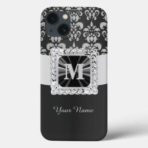 Funda Para iPhone 13 damasco blanco y negro personalizado