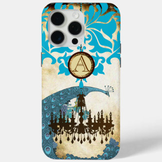 Funda Para iPhone 15 Pro Max Damasco de candelabro de pavo real monogramo