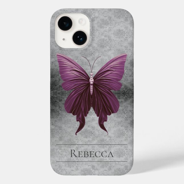 Funda De Case-Mate Para iPhone Damasco de mariposa con joyas magenta (Reverso )