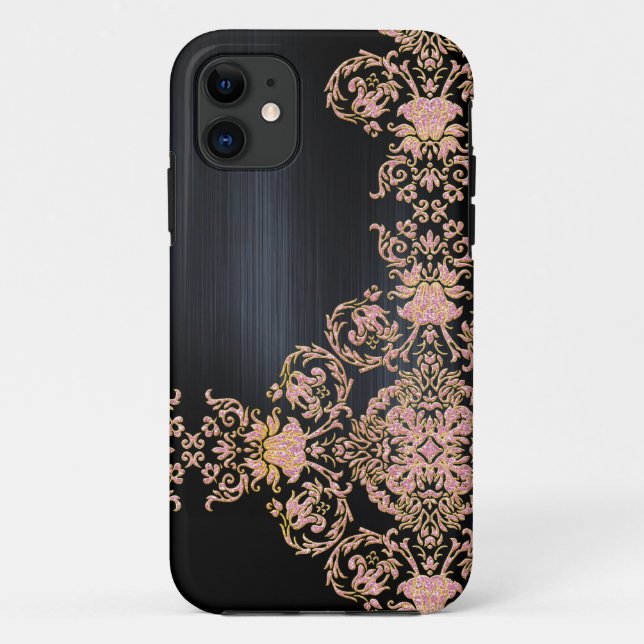 Funda De Case-Mate Para iPhone Damasco de Purpurina rosado metálico negro (Reverso)