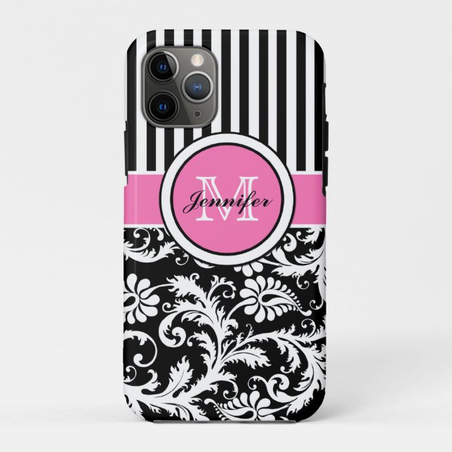 Funda De Case-Mate Para iPhone Damasco de rayas blancas, negras y monogramadas (Reverso)
