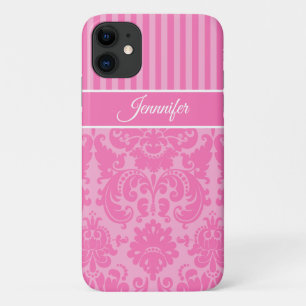 Funda Para iPhone 11 Damasco de rayas blancas y rosadas personalizado