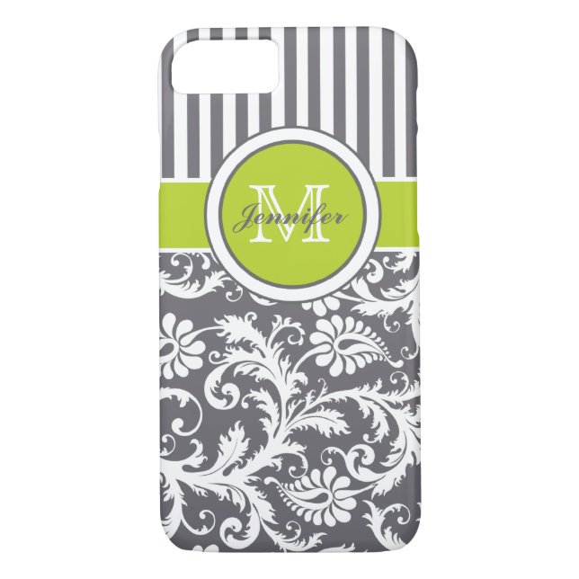 Funda De Case-Mate Para iPhone Damasco de tira blanca y gris de monograma (Reverso)