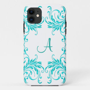 Funda Para iPhone 11 Damasco del azul de la aguamarina del monograma