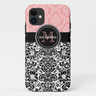 Funda Para iPhone 11 Damasco elegante del negro de los rosas bebés de