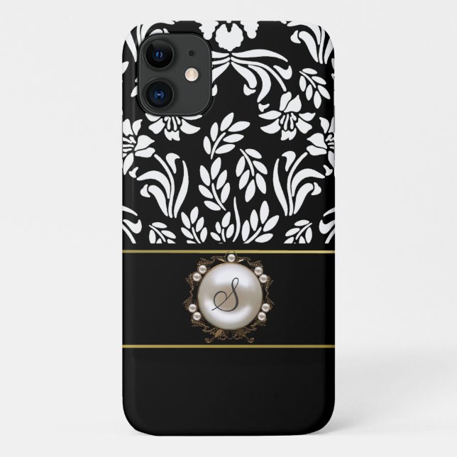 Funda De Case-Mate Para iPhone Damasco floral blanco y negro (Reverso)