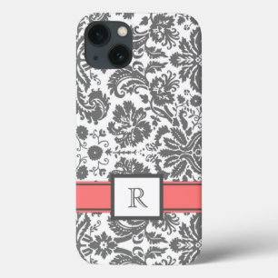 Funda Para iPhone 13 Damasco floral de coral gris monograma Personaliza