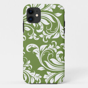 Funda Para iPhone 11 Damasco floral verde oliva oscuro del verde y