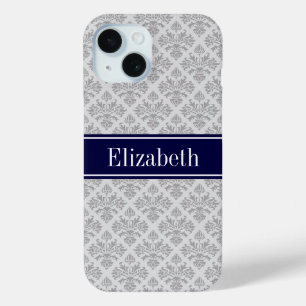 Funda Para iPhone 15 Damasco Gris sobre Gris #3 Monograma Nombre Azul M