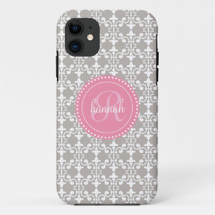 Funda Para iPhone 11 Damasco gris y rosado moderno personalizado
