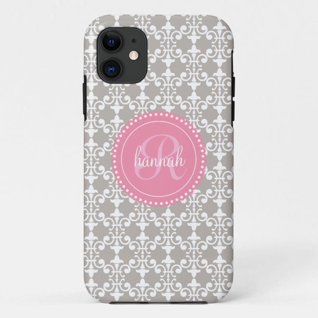 Funda De Case-Mate Para iPhone Damasco gris y rosado moderno personalizado (Reverso)