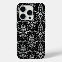 Funda Para iPhone 15 Pro Damasco metálico plateado sobre negro