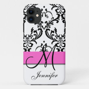 Funda Para iPhone 11 Damasco Monogramado de Swirls Blancas Pink