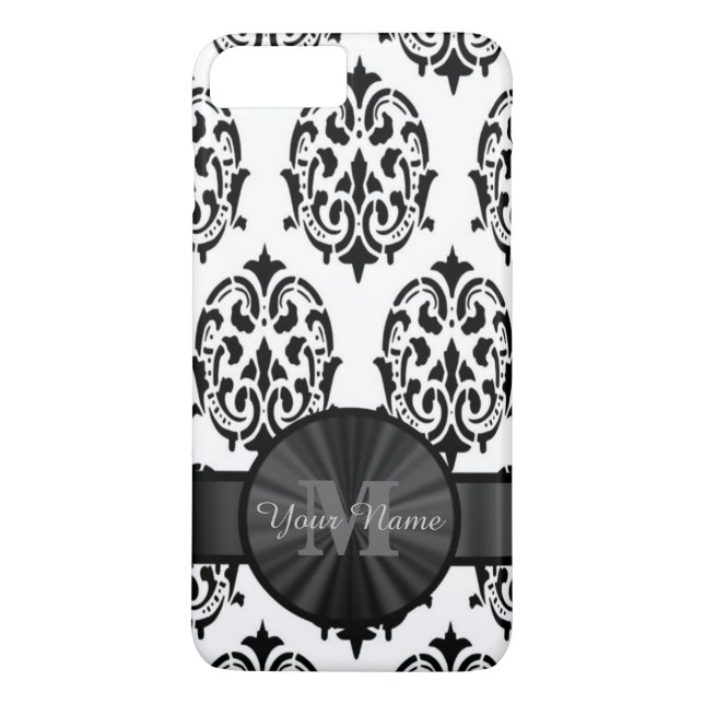 Funda De Case-Mate Para iPhone Damasco monogramado en blanco y negro (Reverso)