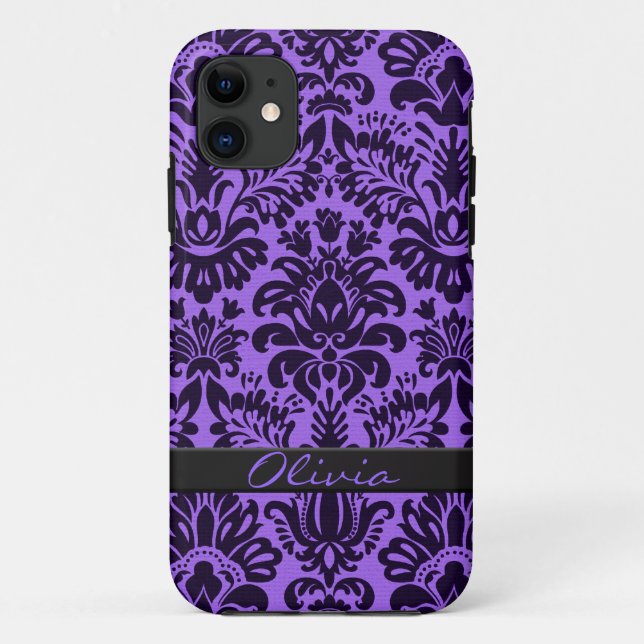 Funda De Case-Mate Para iPhone Damasco morado con nombre (Reverso)