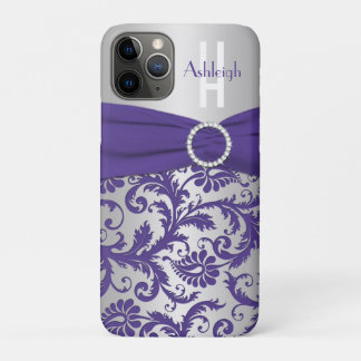 Funda Para iPhone 11 Pro Damasco morado y plateado monograma personalizado